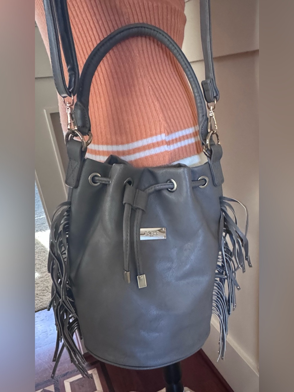 BCBG Grey Leather Fringe Drawstring Hobo Bucket Bag